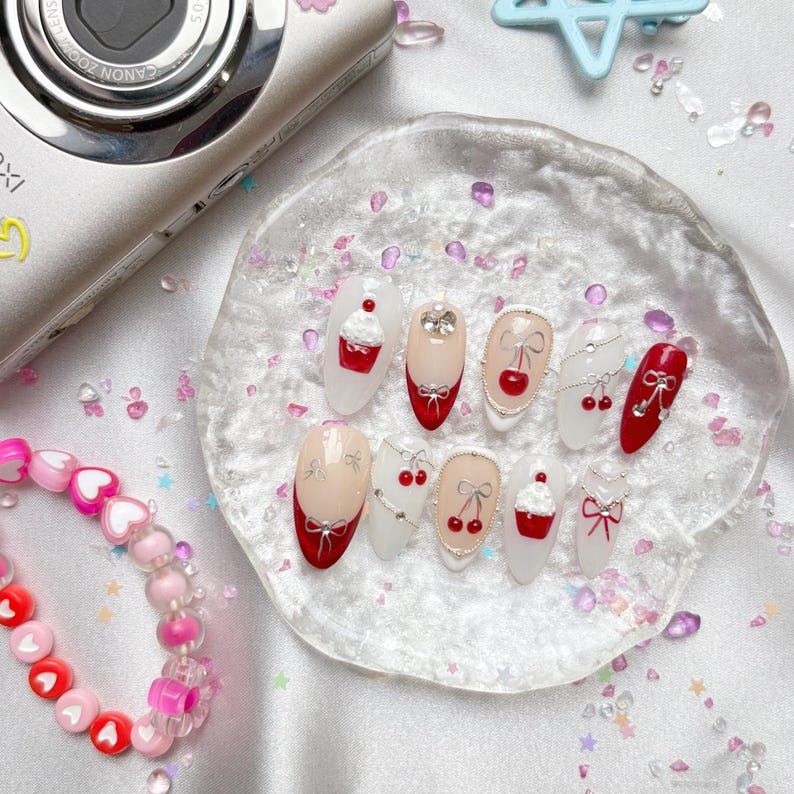 Custom Press-On Nails – Cherry Cupcake Dessert Design with 3D Pearls & Red Nude Kawaii Style | Wynzy Pops Nails