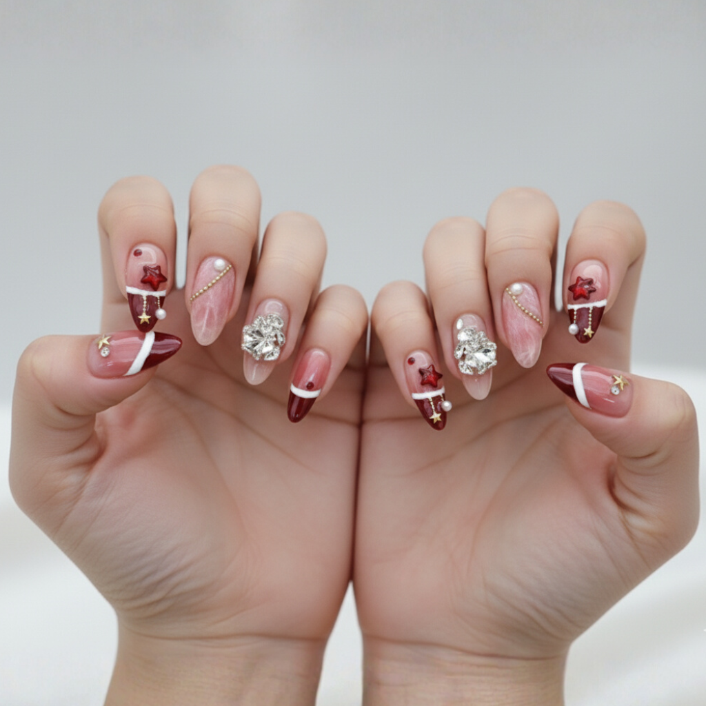 Custom Red Christmas Press-On Nails – 3D Tree, Star & Snowflake Holiday Set | Wynzy Pops™