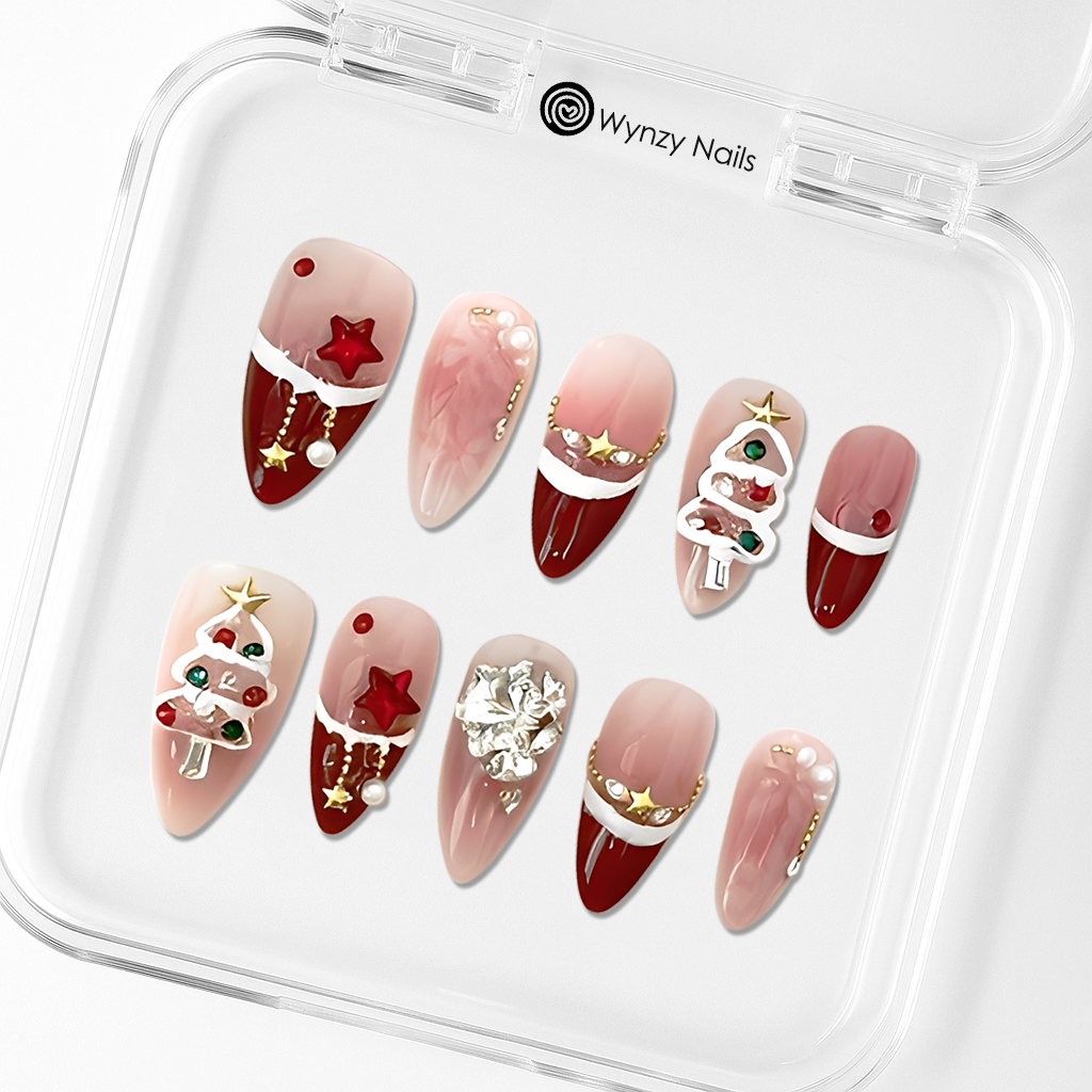 Custom Red Christmas Press-On Nails – 3D Tree, Star & Snowflake Holiday Set | Wynzy Pops™