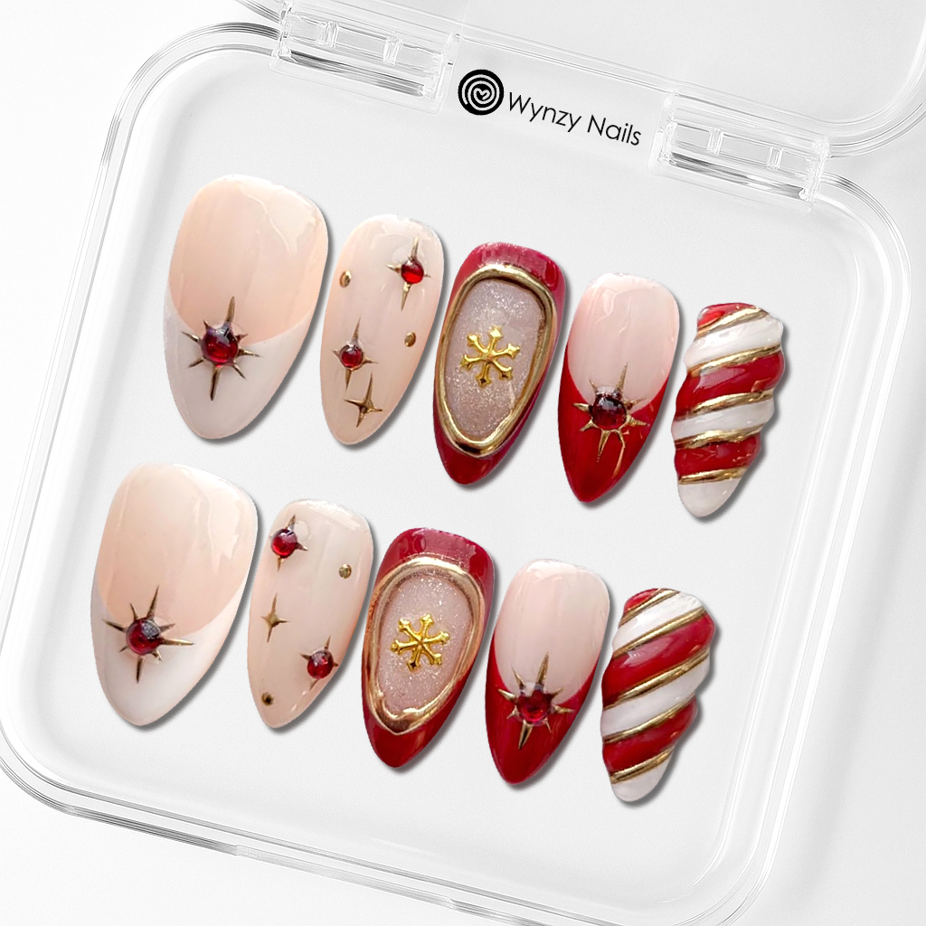 Custom Christmas Candy Cane Press-On Nails – Red, Gold & Snowflake Nail Art | Wynzy Pops™