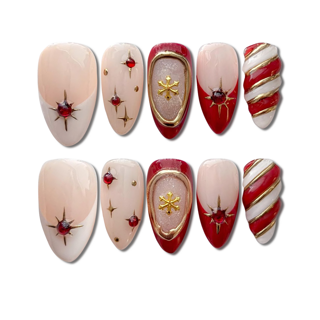 Custom Christmas Candy Cane Press-On Nails – Red, Gold & Snowflake Nail Art | Wynzy Pops™