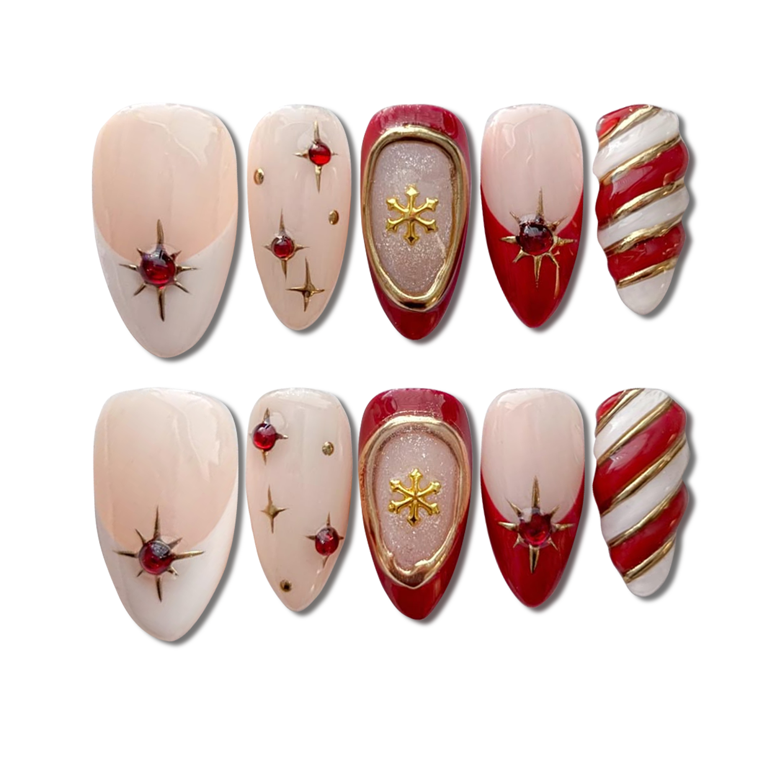 Custom Christmas Candy Cane Press-On Nails – Red, Gold & Snowflake Nail Art | Wynzy Pops™