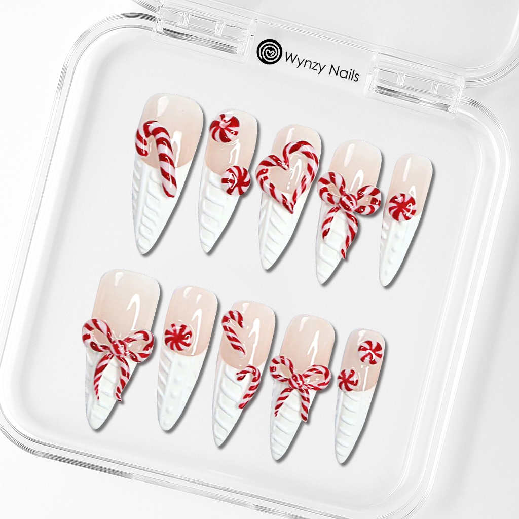 Custom Candy Cane 3D Press-On Nails – Peppermint Bow & Holiday Nail Art | Wynzy Pops Nails™