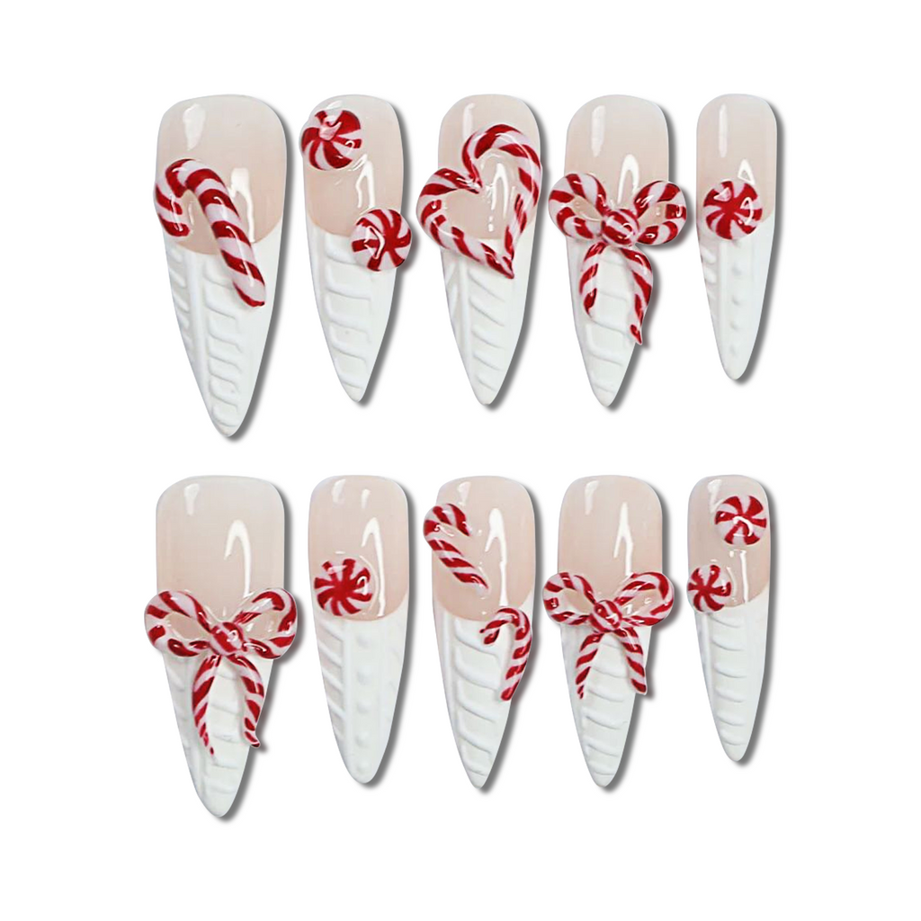 Custom Candy Cane 3D Press-On Nails – Peppermint Bow & Holiday Nail Art | Wynzy Pops Nails™