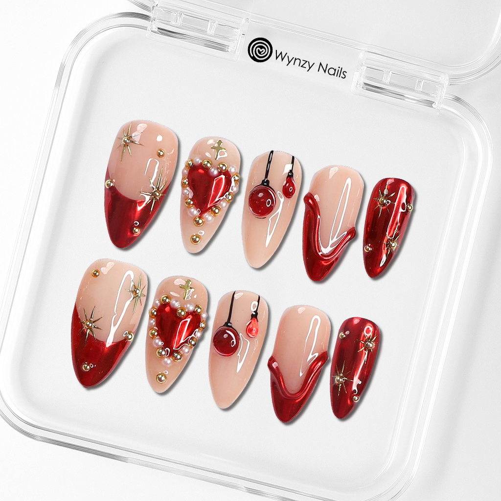 Custom Festive Red Heart Press-On Nails – 3D Chrome & Holiday Beads | Wynzy Pops Nails™