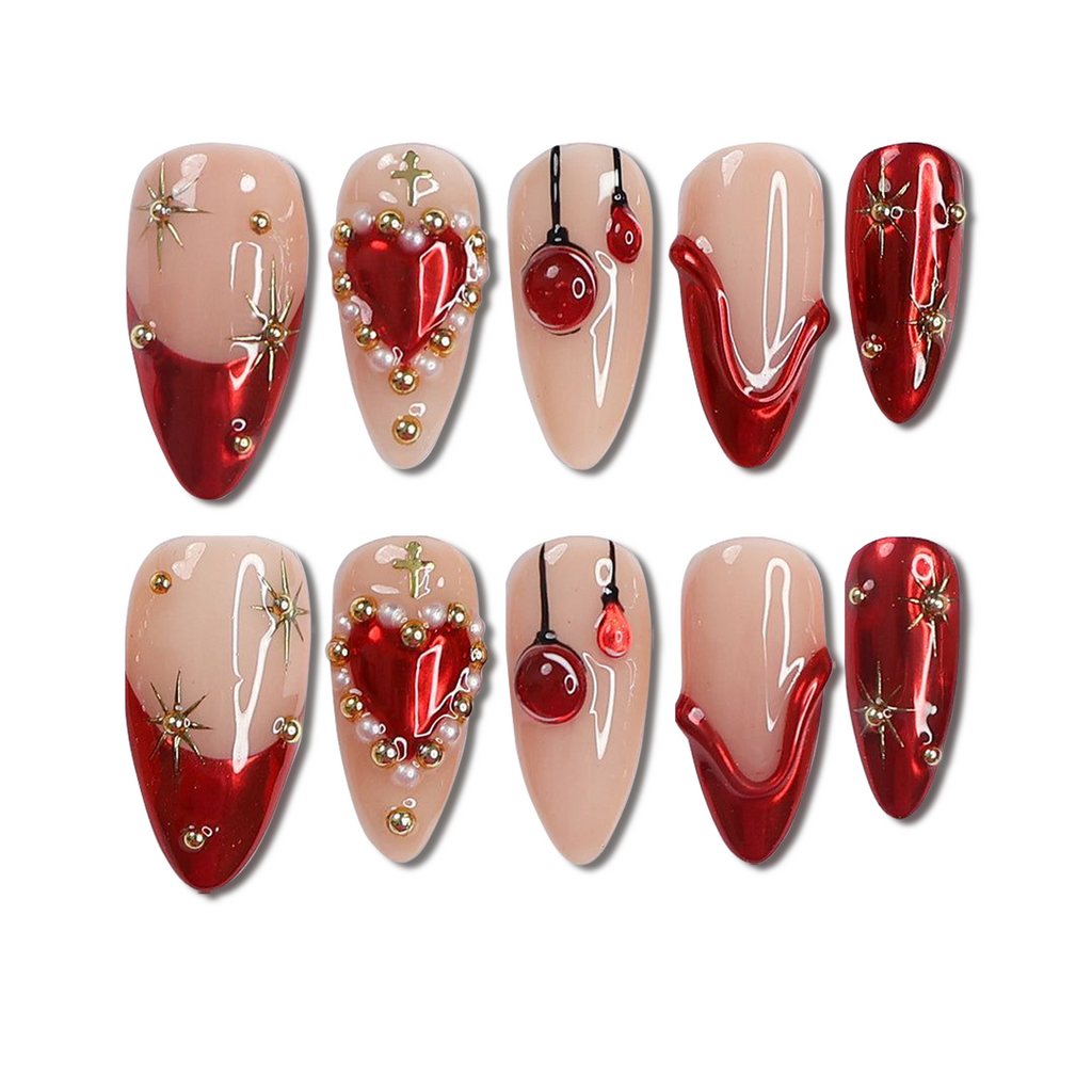 Custom Festive Red Heart Press-On Nails – 3D Chrome & Holiday Beads | Wynzy Pops Nails™