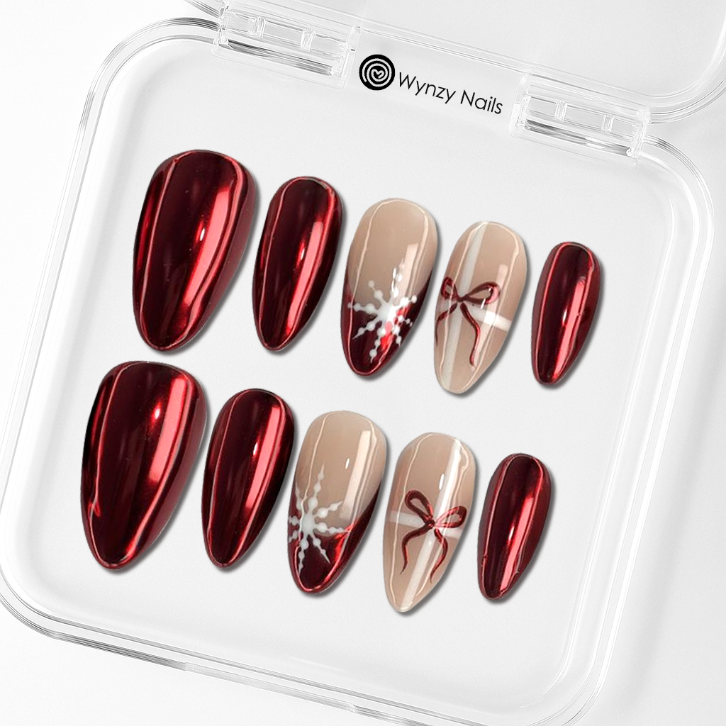 Custom Festive Red Chrome Press-On Nails – 3D Gift Bow & Snowflake Nail Art | Wynzy Pops Nails™