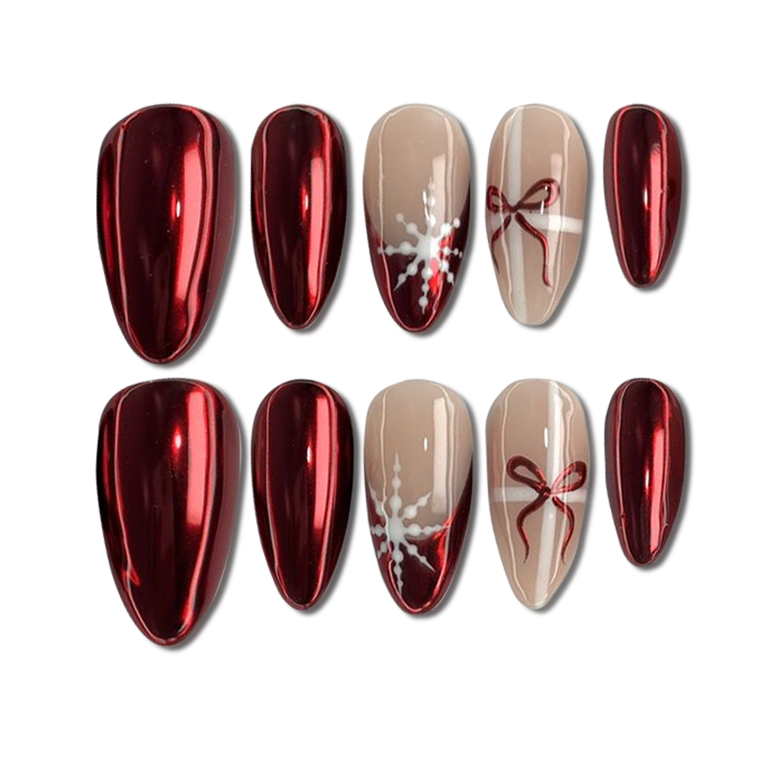 Custom Festive Red Chrome Press-On Nails – 3D Gift Bow & Snowflake Nail Art | Wynzy Pops Nails™
