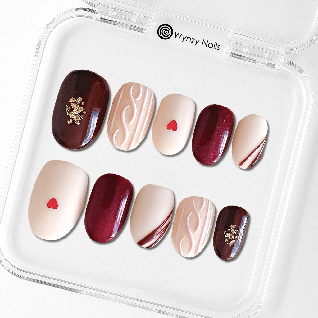 Custom Burgundy & Cream Heart Press-On Nails – 3D Knit Cozy Winter Design | Wynzy Pops Nails™