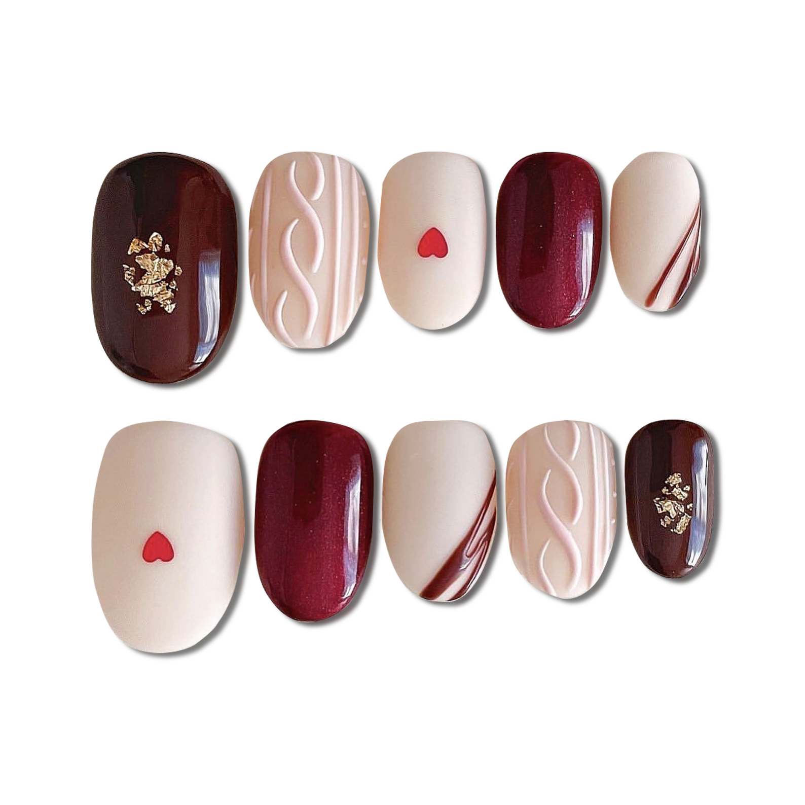 Custom Burgundy & Cream Heart Press-On Nails – 3D Knit Cozy Winter Design | Wynzy Pops Nails™