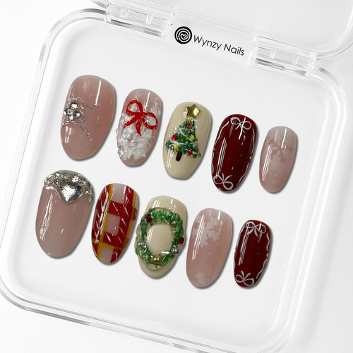 Custom 3D Christmas Press-On Nails – Candy Cane, Wreath & Snowflake Art | Wynzy Pops Nails™