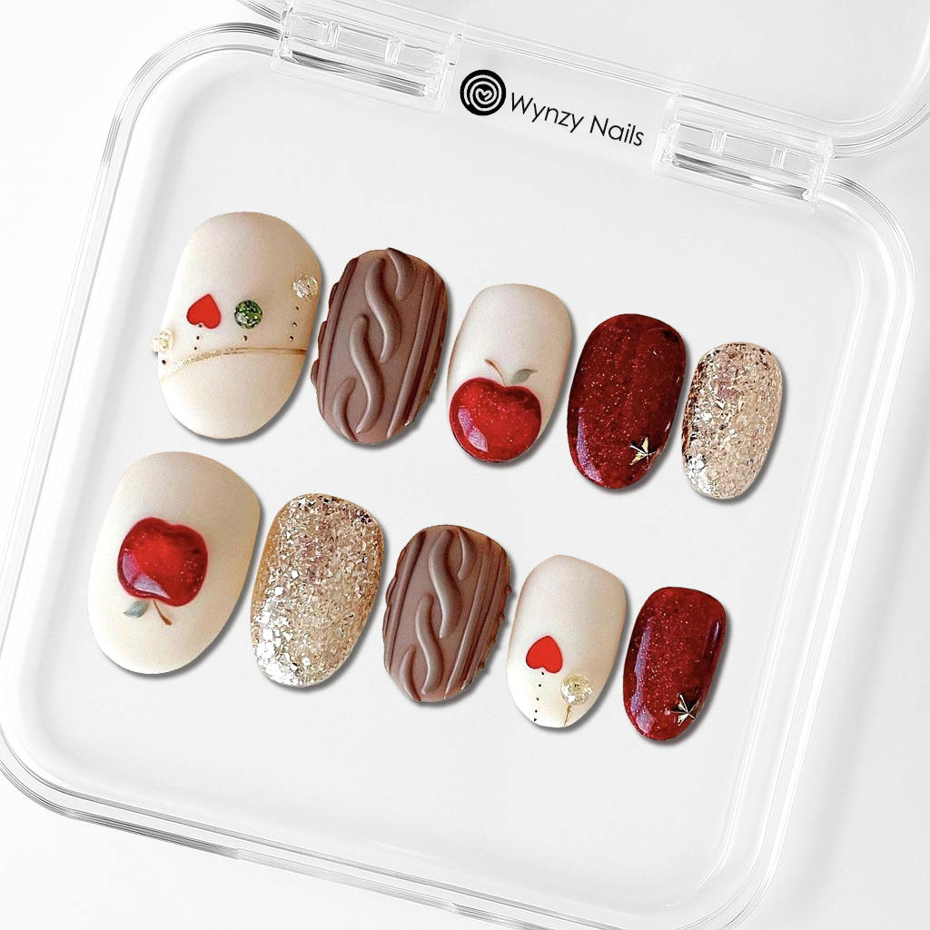 Custom Apple & Knit Press-On Nails – Red Glitter & Cozy Sweater Design | Wynzy Pops Nails™