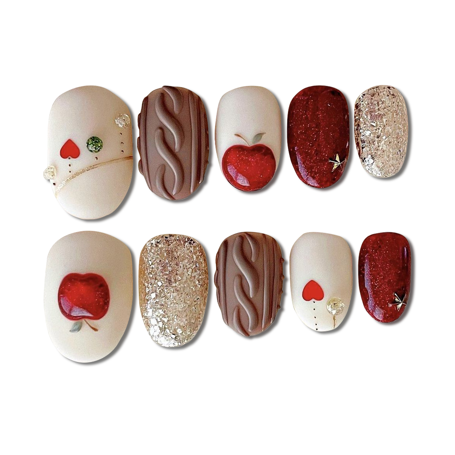 Custom Apple & Knit Press-On Nails – Red Glitter & Cozy Sweater Design | Wynzy Pops Nails™