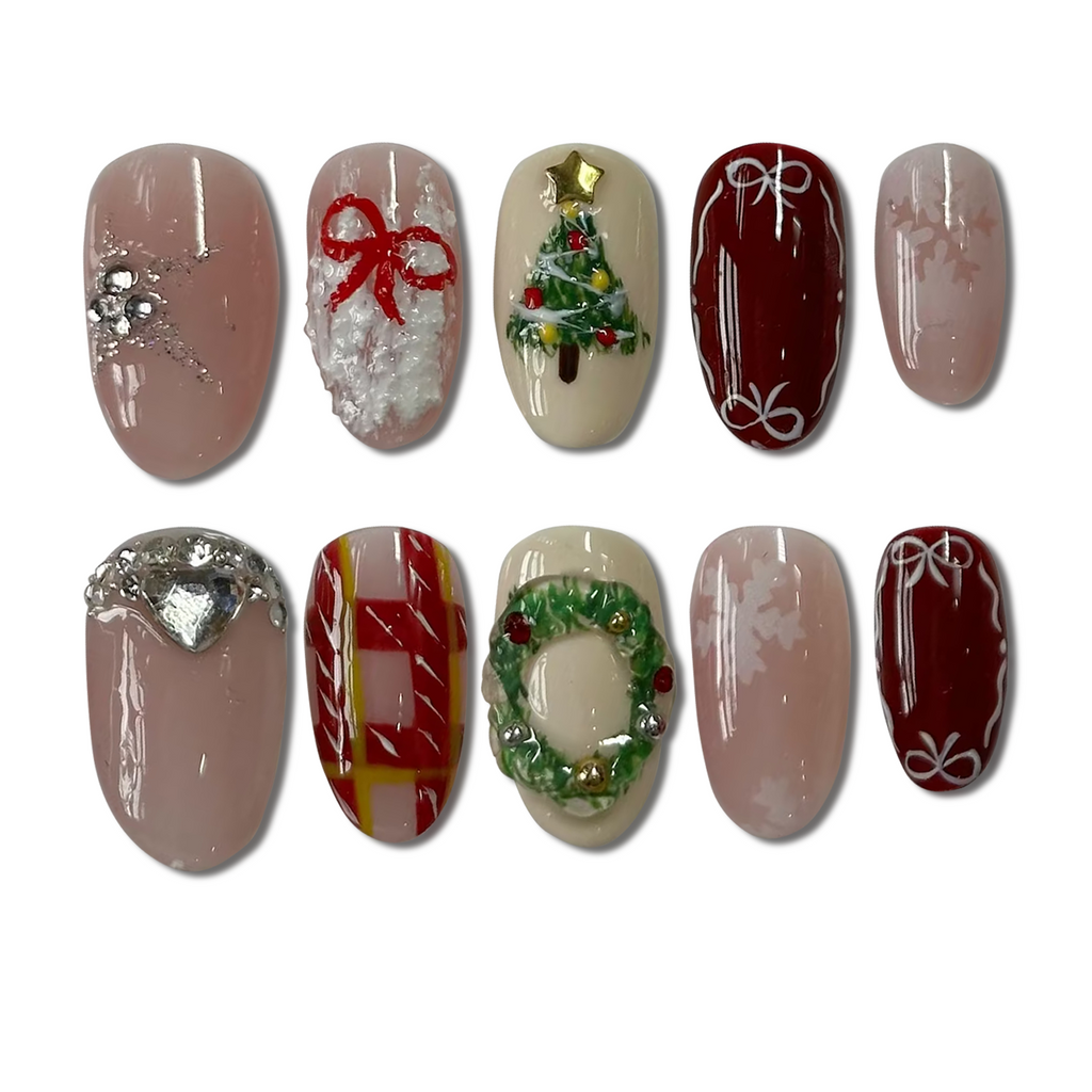 Custom 3D Christmas Press-On Nails – Candy Cane, Wreath & Snowflake Art | Wynzy Pops Nails™