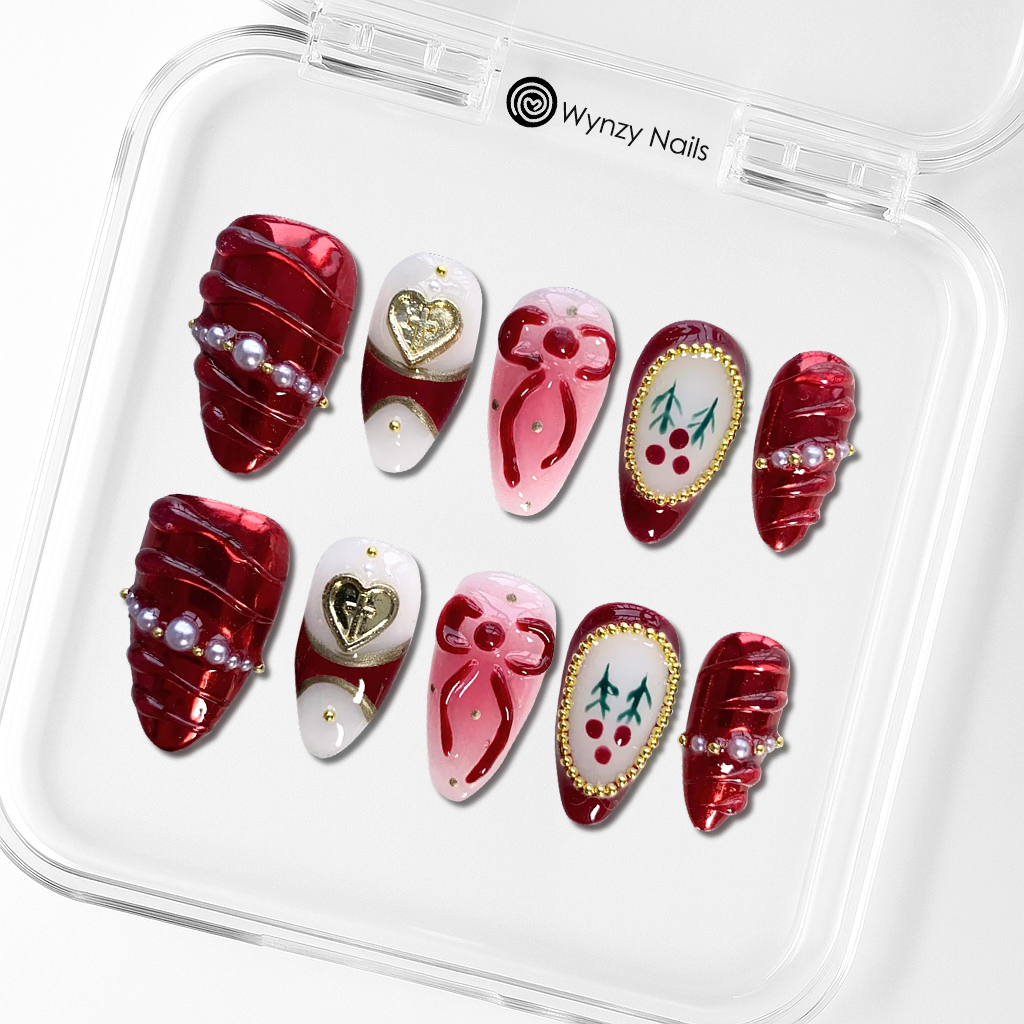 Custom Red & Pink 3D Christmas Press-On Nails – Heart, Bow & Holly Nail Art | Wynzy Pops™