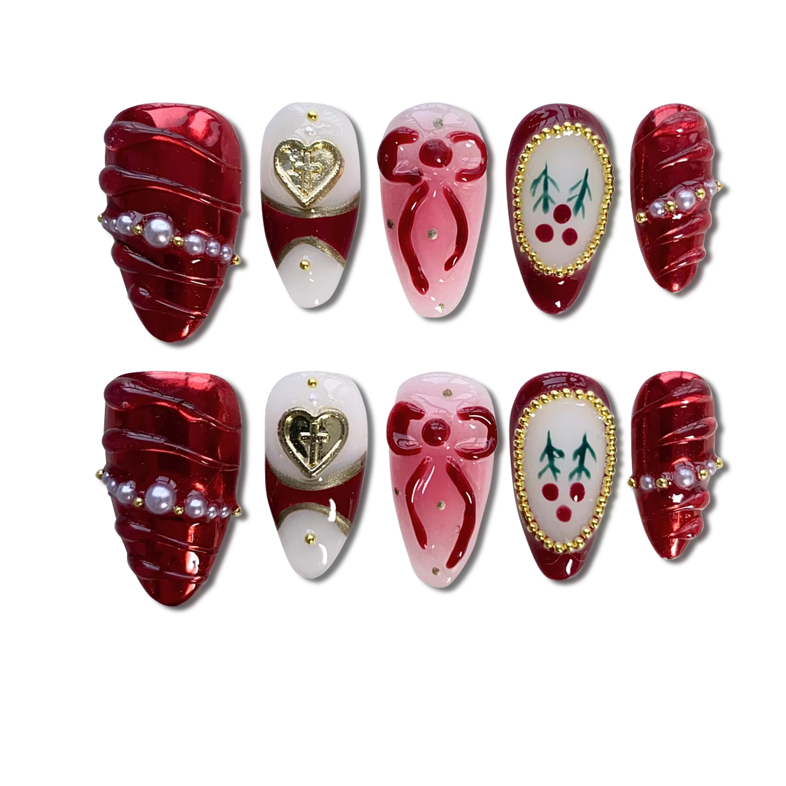 Custom Red & Pink 3D Christmas Press-On Nails – Heart, Bow & Holly Nail Art | Wynzy Pops™
