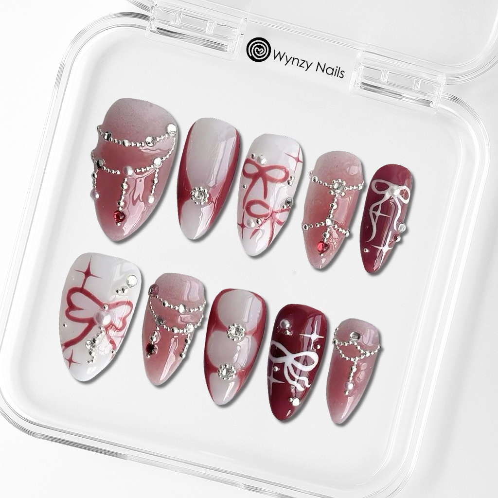 Custom Red & White Bow Press-On Nails – 3D Rhinestone & Holiday Nail Art
