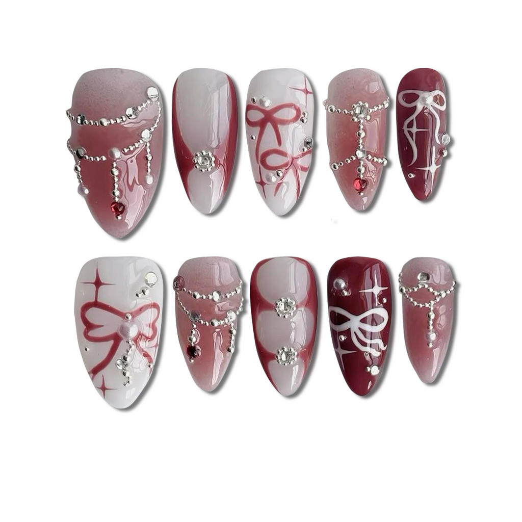 Custom Red & White Bow Press-On Nails – 3D Rhinestone & Holiday Nail Art