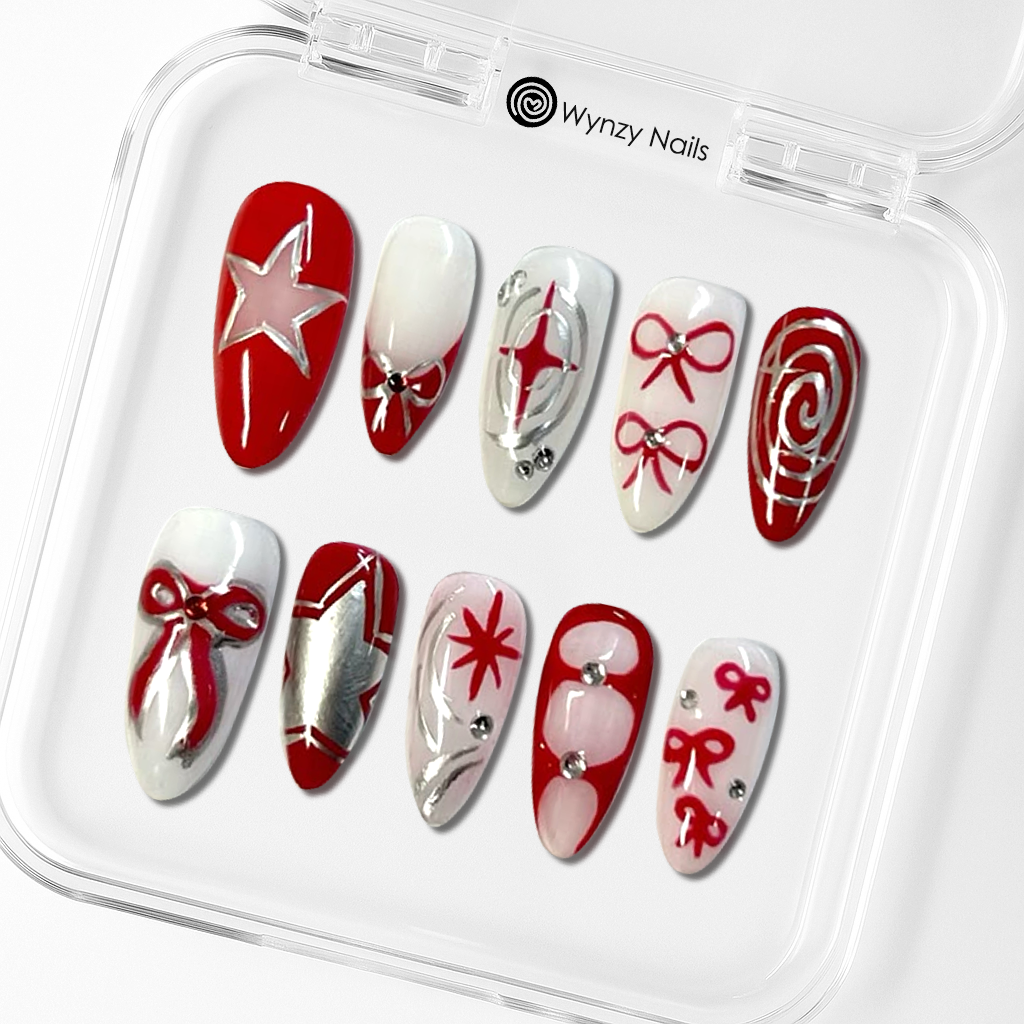 Custom Christmas Red & Silver Press-On Nails – Star, Bow & Candy Swirl Design | Wynzy Pops Nails™