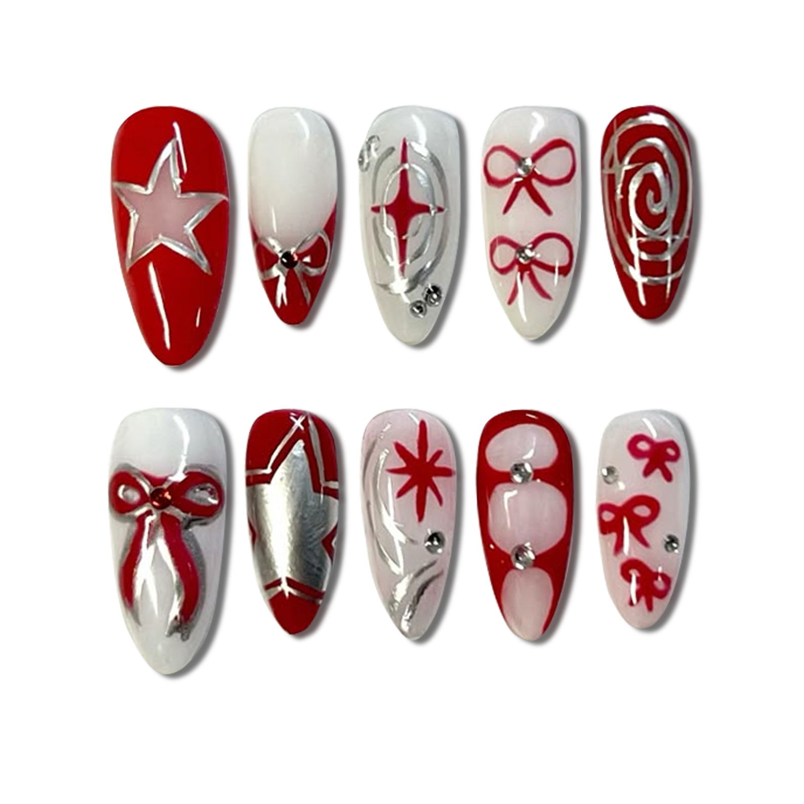 Custom Christmas Red & Silver Press-On Nails – Star, Bow & Candy Swirl Design | Wynzy Pops Nails™