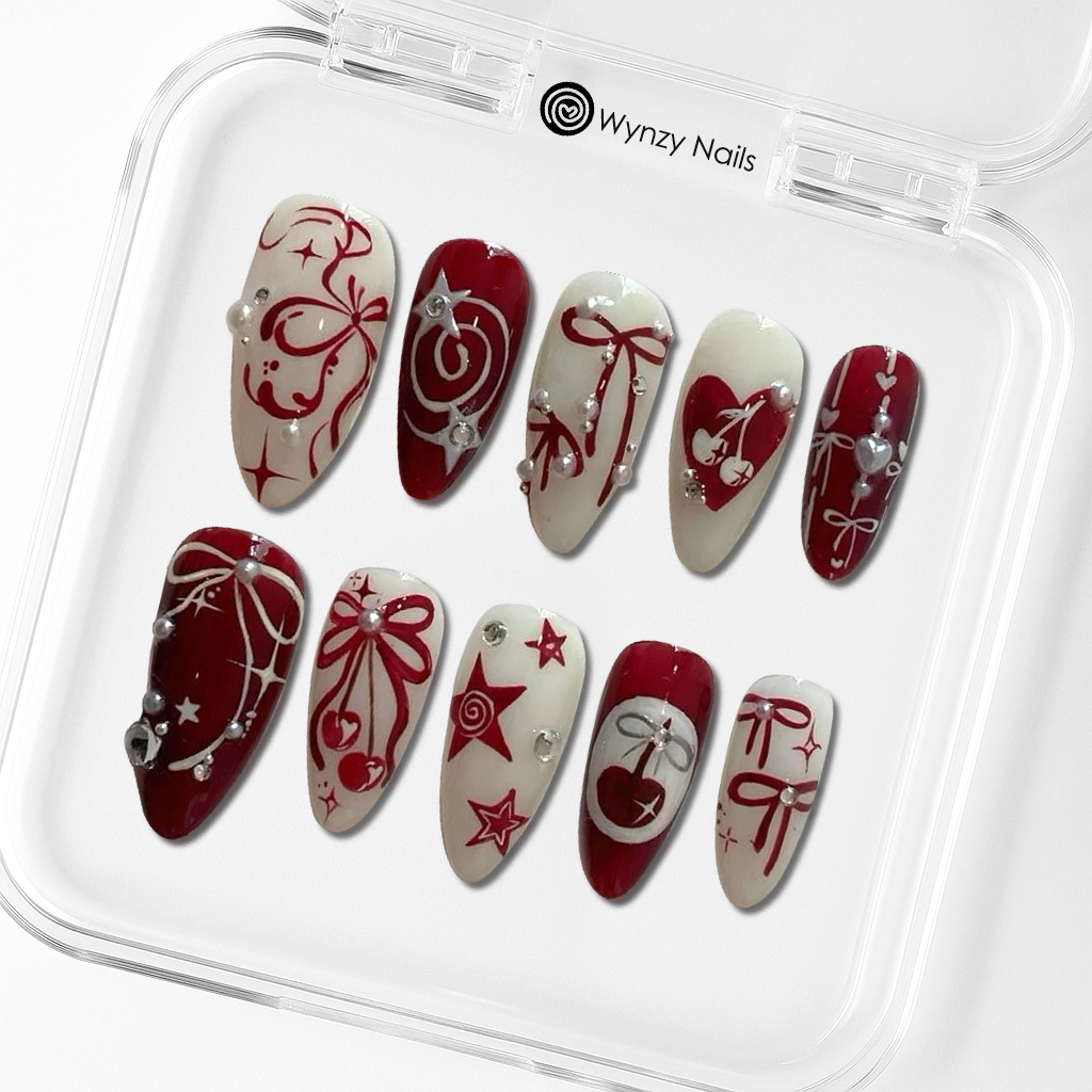 Custom Red & White Cherry Bow Press-On Nails – 3D Holiday Nail Art | Wynzy Pops Nails™
