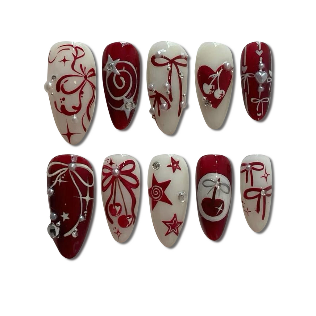Custom Red & White Cherry Bow Press-On Nails – 3D Holiday Nail Art | Wynzy Pops Nails™