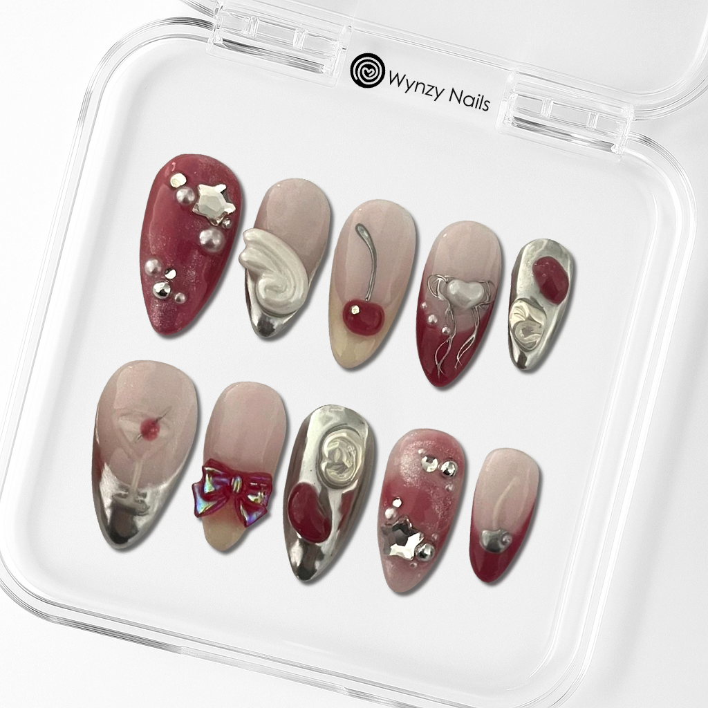 Custom Red Cherry & Bow Press-On Nails – 3D Heart, Pearl & Chrome Nail Art | Wynzy Pops™