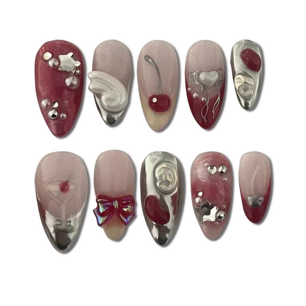 Custom Red Cherry & Bow Press-On Nails – 3D Heart, Pearl & Chrome Nail Art | Wynzy Pops™