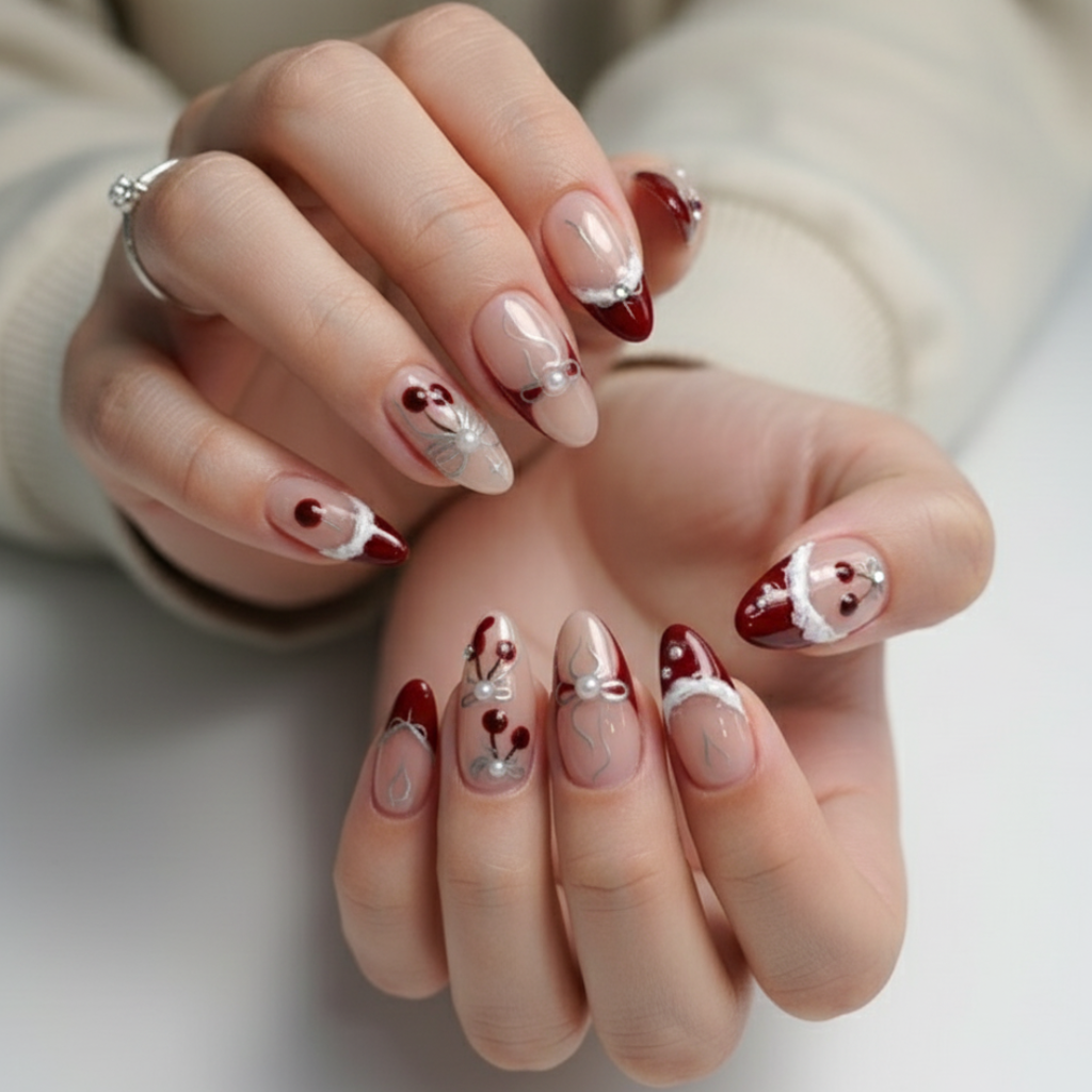 Custom Red Cherry 3D Press-On Nails – Festive Bow & Pearl Holiday Nail Art | Wynzy Pops™
