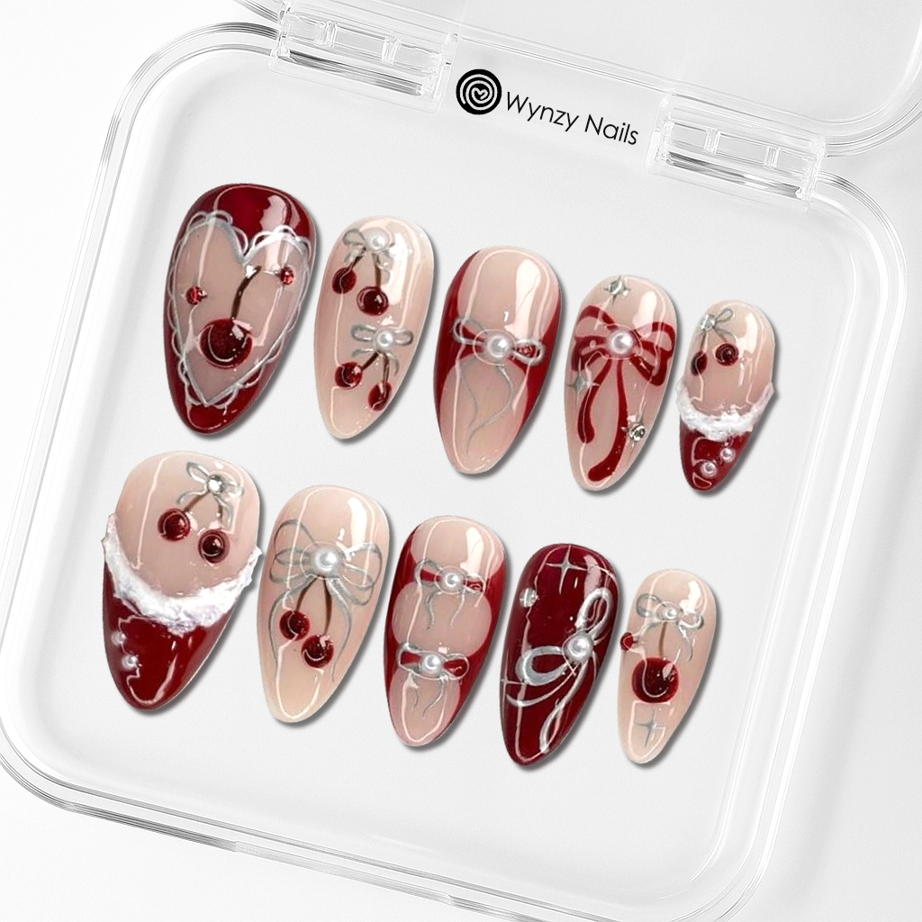 Custom Red Cherry 3D Press-On Nails – Festive Bow & Pearl Holiday Nail Art | Wynzy Pops™