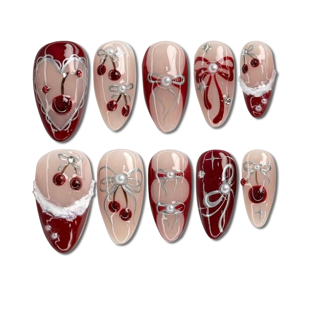 Custom Red Cherry 3D Press-On Nails – Festive Bow & Pearl Holiday Nail Art | Wynzy Pops™