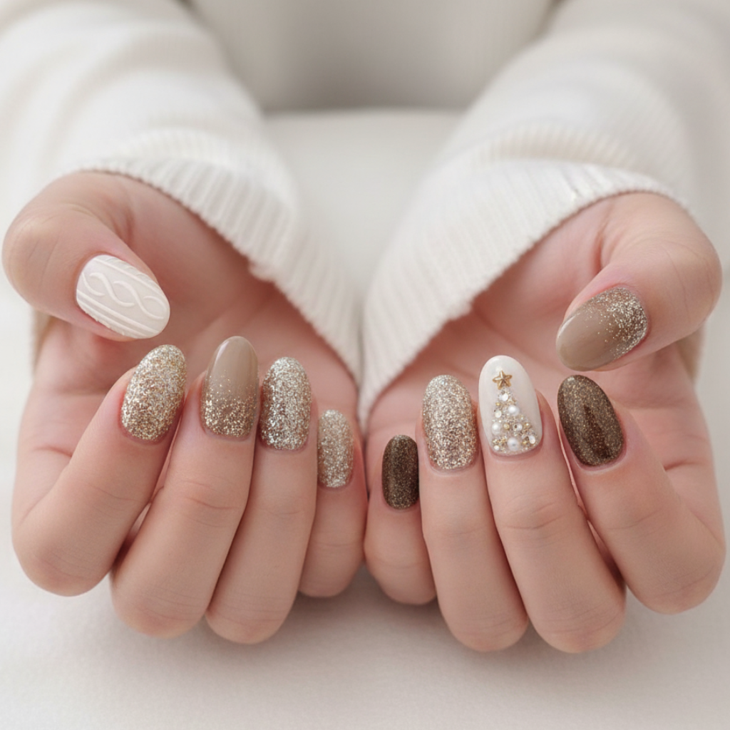 Custom Neutral Christmas Press-On Nails – Beige Glitter & 3D Pearl Tree | Wynzy Pops™