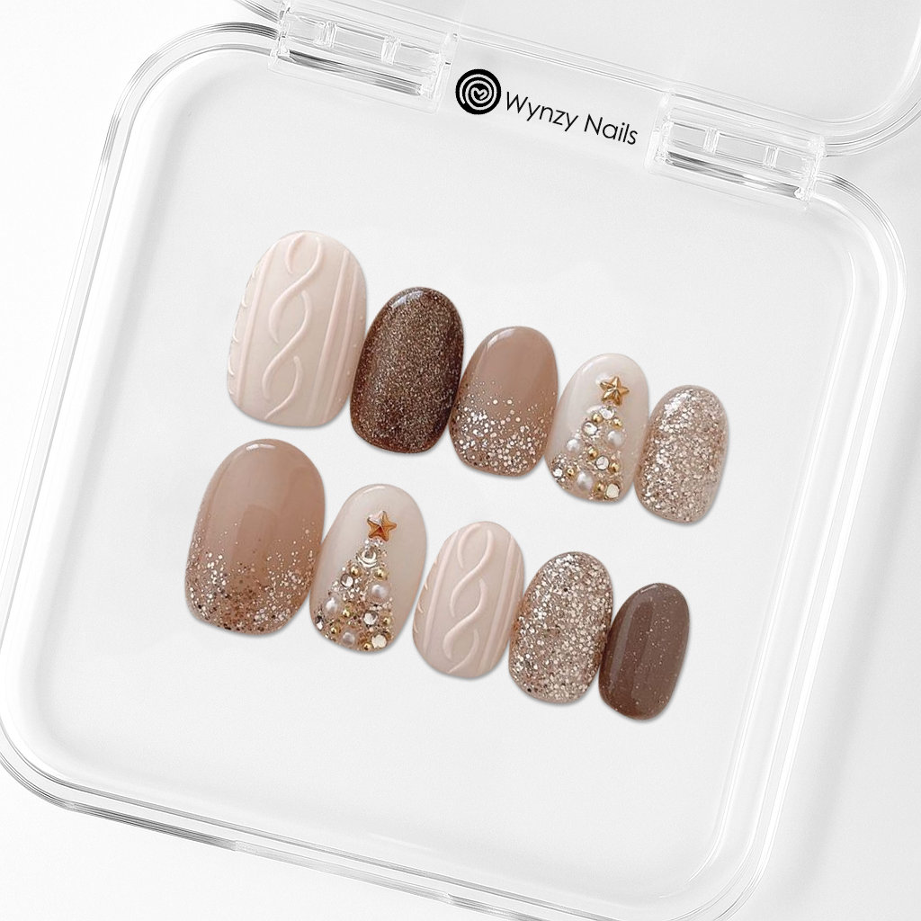 Custom Neutral Christmas Press-On Nails – Beige Glitter & 3D Pearl Tree | Wynzy Pops™