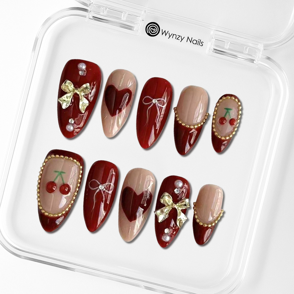 Custom Red Cherry Heart Press-On Nails – 3D Gold Bow & Holiday Nail Art | Wynzy Pops Nails™