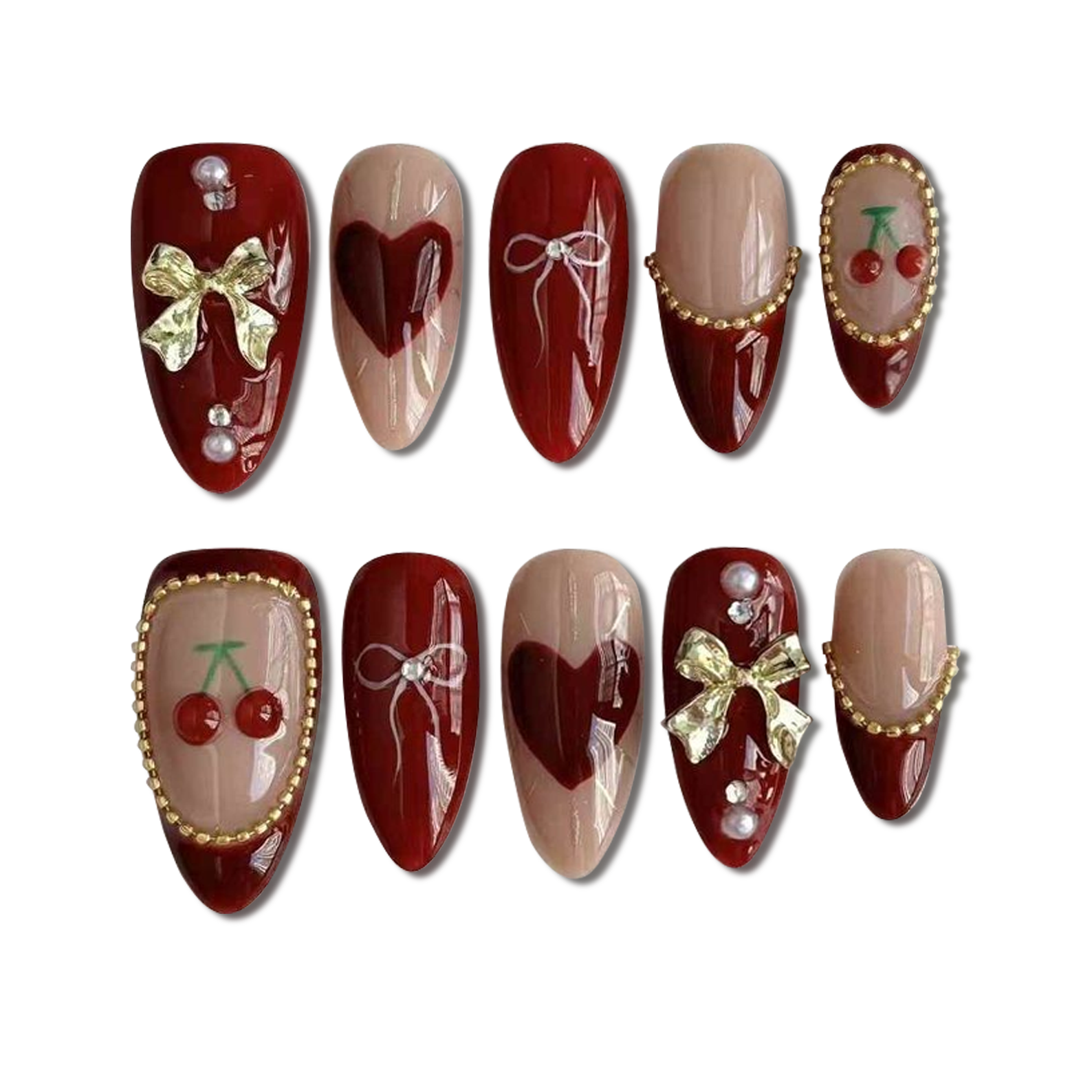 Custom Red Cherry Heart Press-On Nails – 3D Gold Bow & Holiday Nail Art | Wynzy Pops Nails™