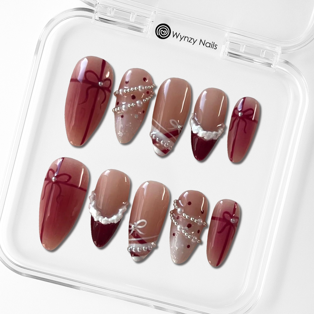 Custom Burgundy Pearl Bow Press-On Nails – 3D Gift Ribbon & Elegant Winter Nail Art | Wynzy Pops™