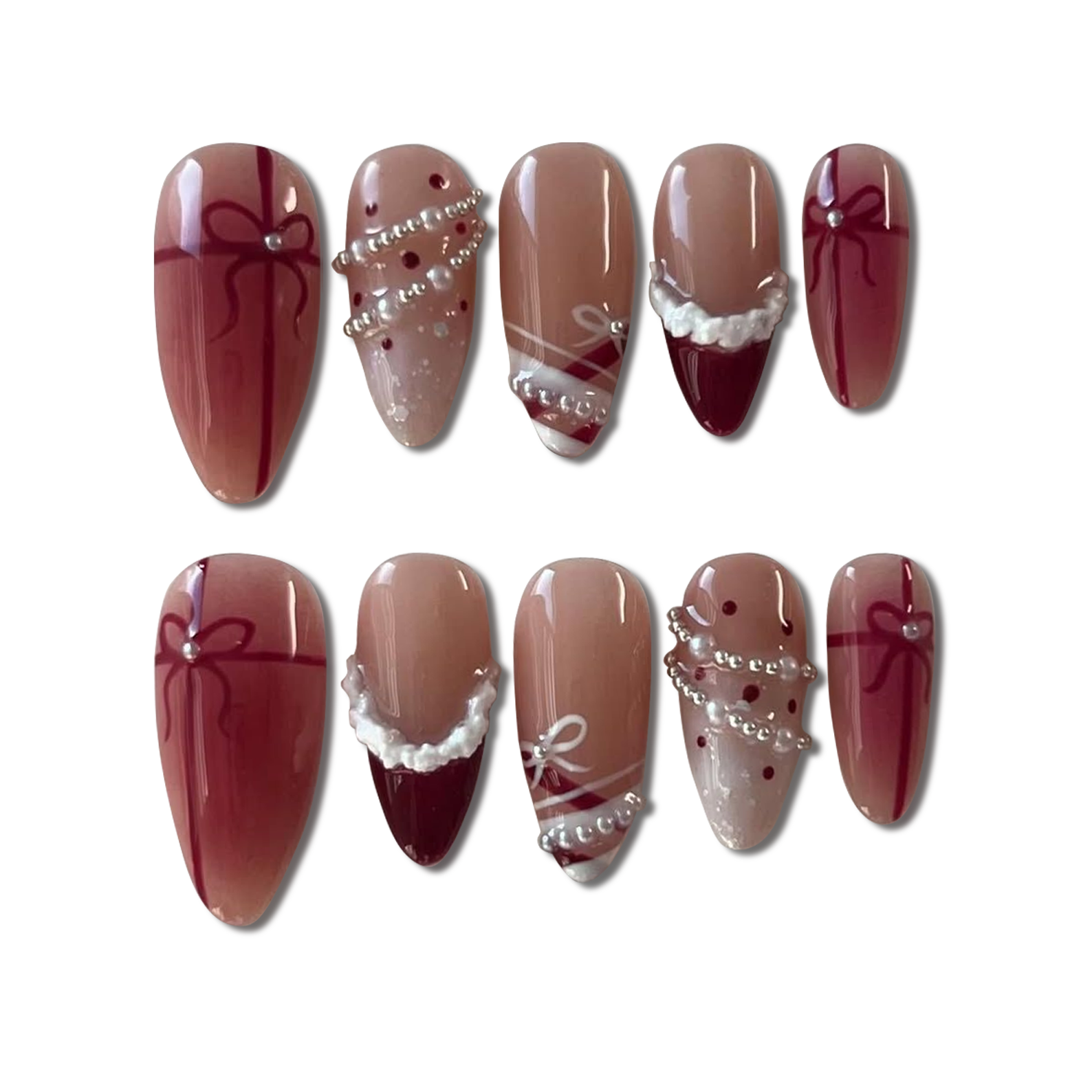 Custom Burgundy Pearl Bow Press-On Nails – 3D Gift Ribbon & Elegant Winter Nail Art | Wynzy Pops™