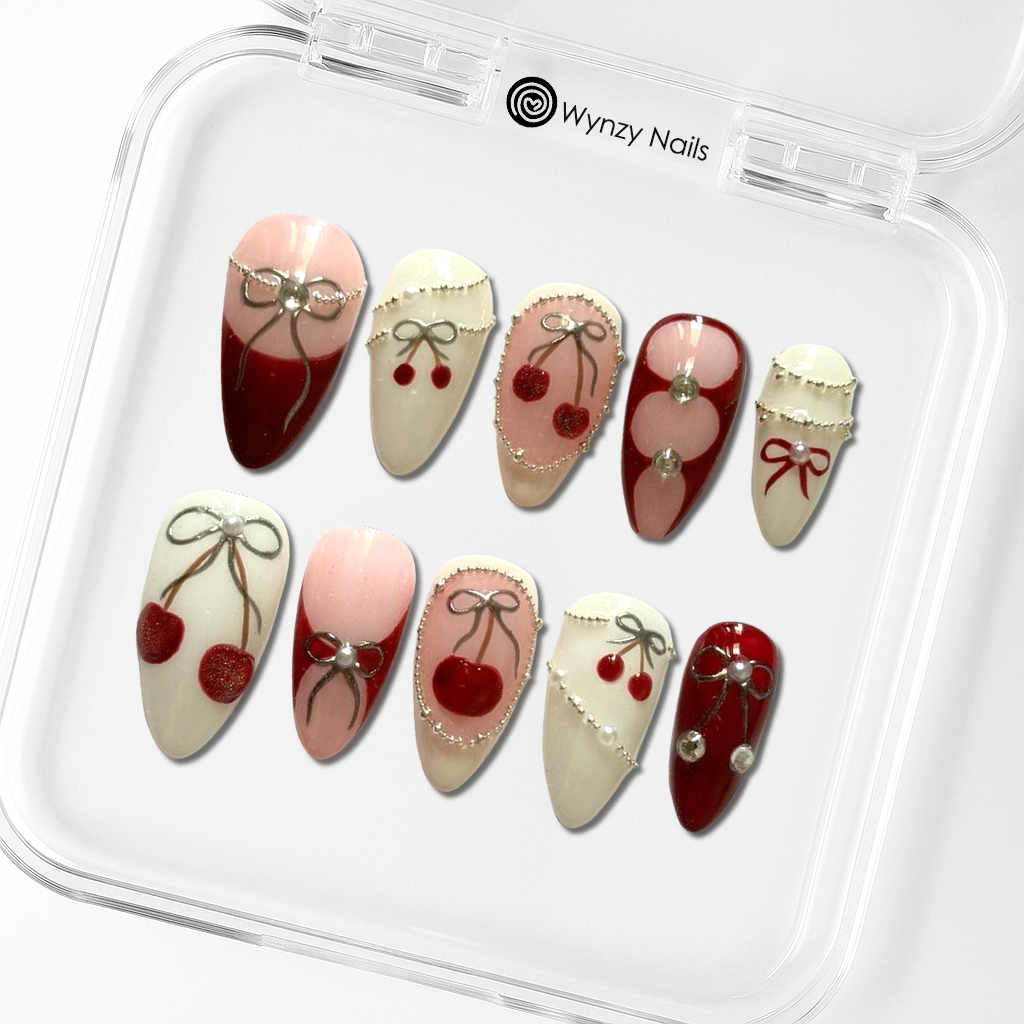 Custom Red Cherry Press-On Nails – 3D Bow & Rhinestone Holiday Nail Art | Wynzy Pops Nails™