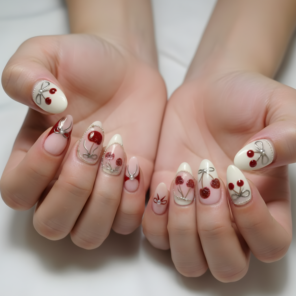 Custom Red Cherry Press-On Nails – 3D Bow & Rhinestone Holiday Nail Art | Wynzy Pops Nails™