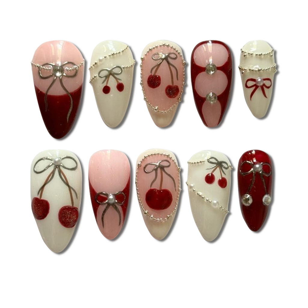 Custom Red Cherry Press-On Nails – 3D Bow & Rhinestone Holiday Nail Art | Wynzy Pops Nails™