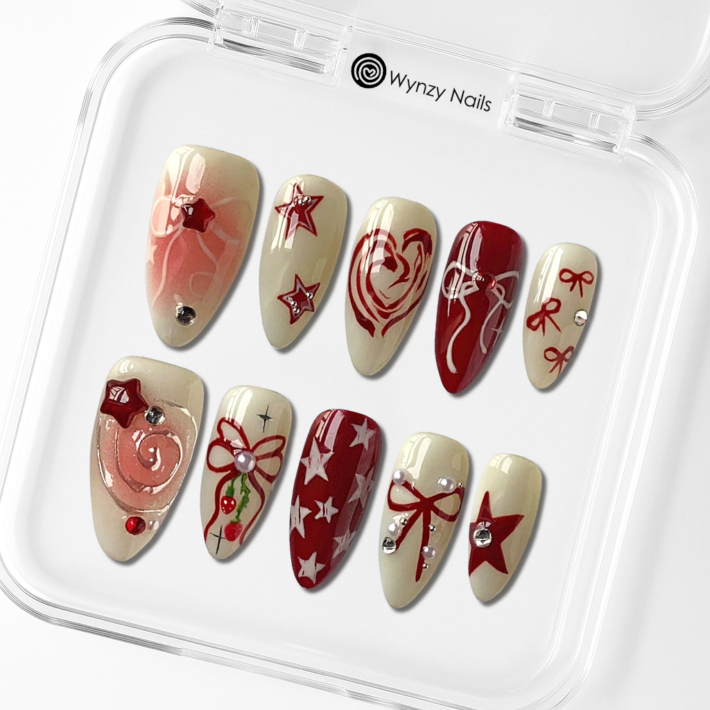 Custom Luxury Red & Cream Press-On Nails – 3D Star & Bow Nail Art | Wynzy Pops Nails™