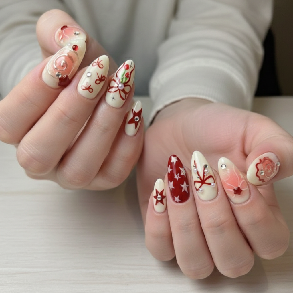 Custom Luxury Red & Cream Press-On Nails – 3D Star & Bow Nail Art | Wynzy Pops Nails™