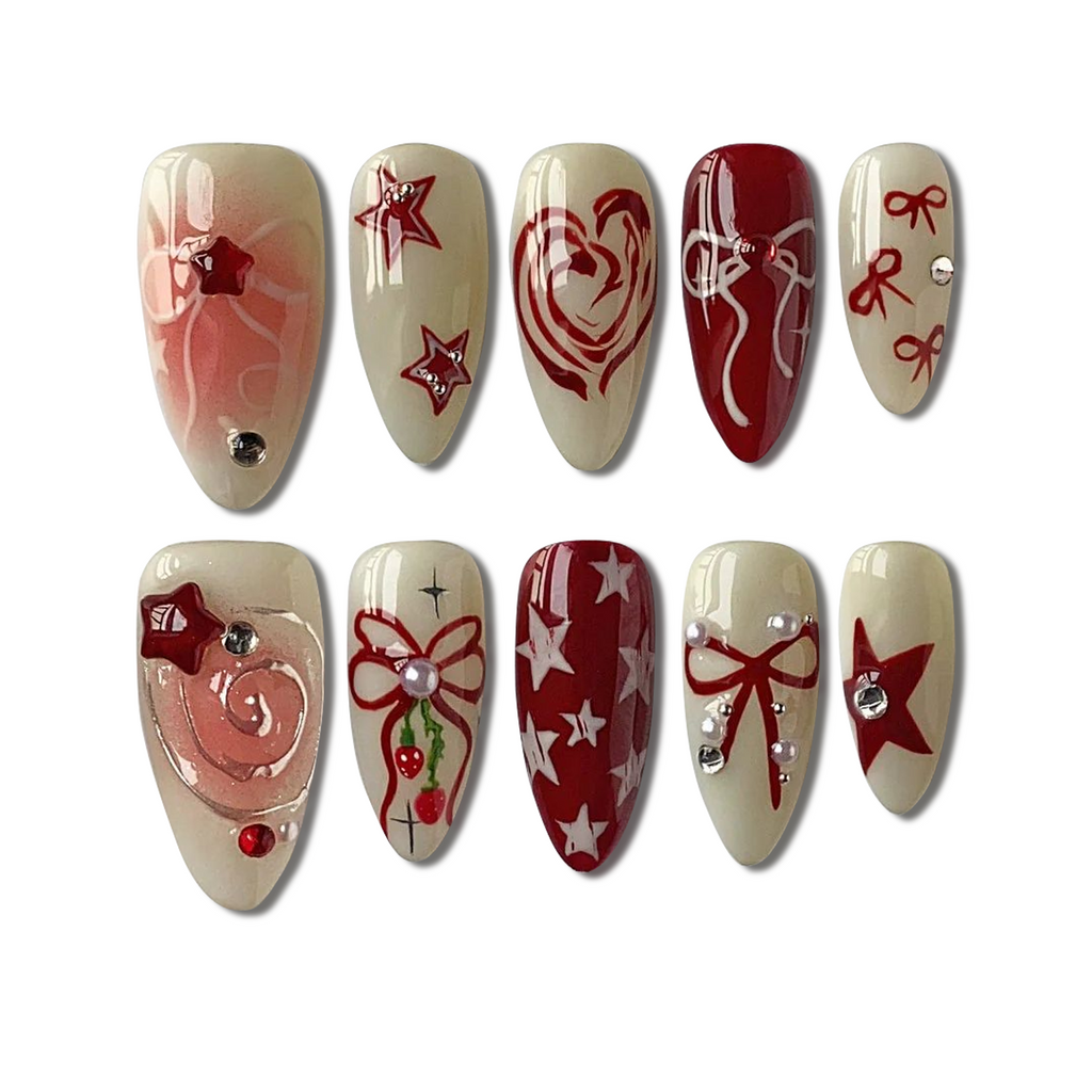 Custom Luxury Red & Cream Press-On Nails – 3D Star & Bow Nail Art | Wynzy Pops Nails™