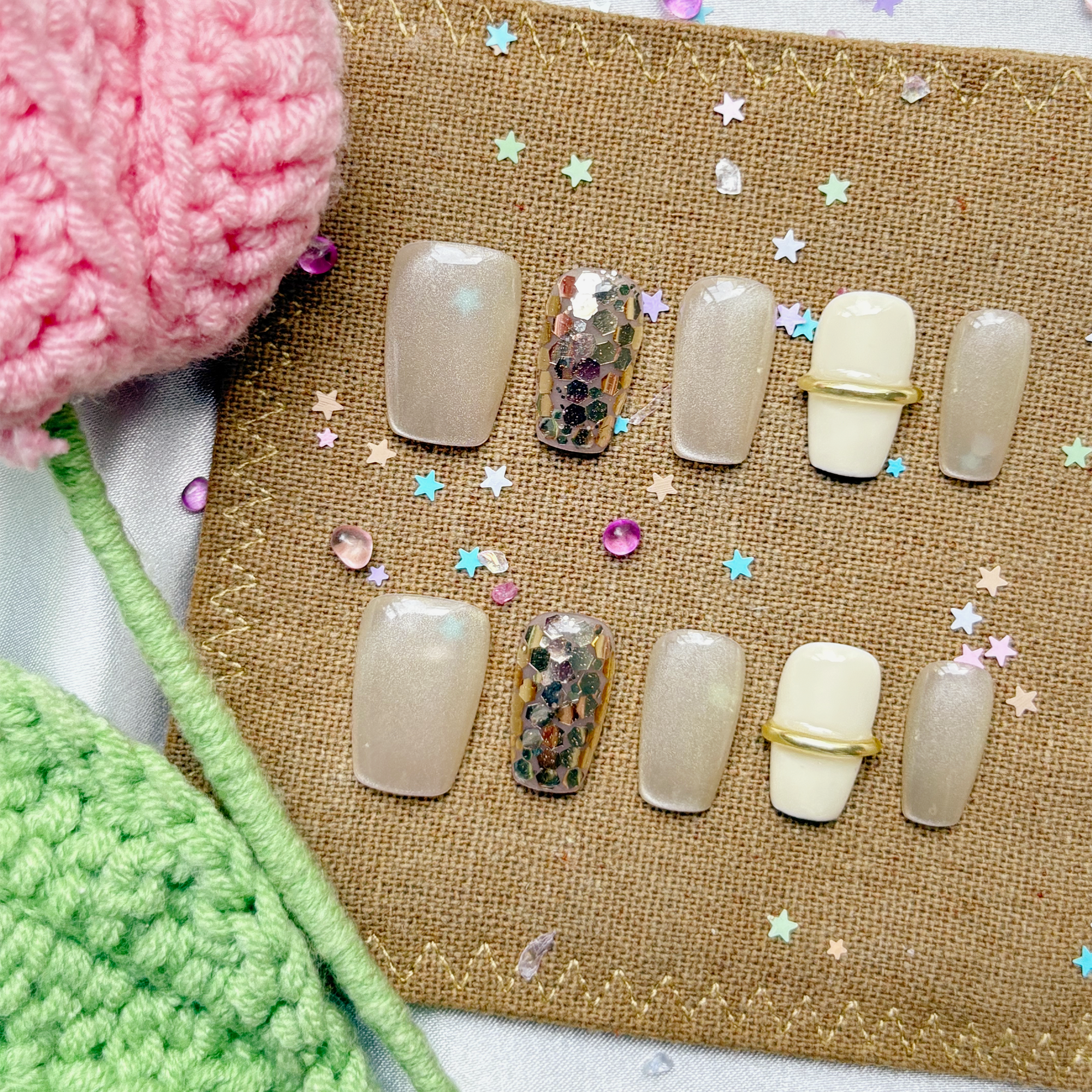 Custom Press-On Nails – Nude Gray with Gold Ring Accent & Glitter Hex | Modern Luxury Set by Wynzy Pops Nails