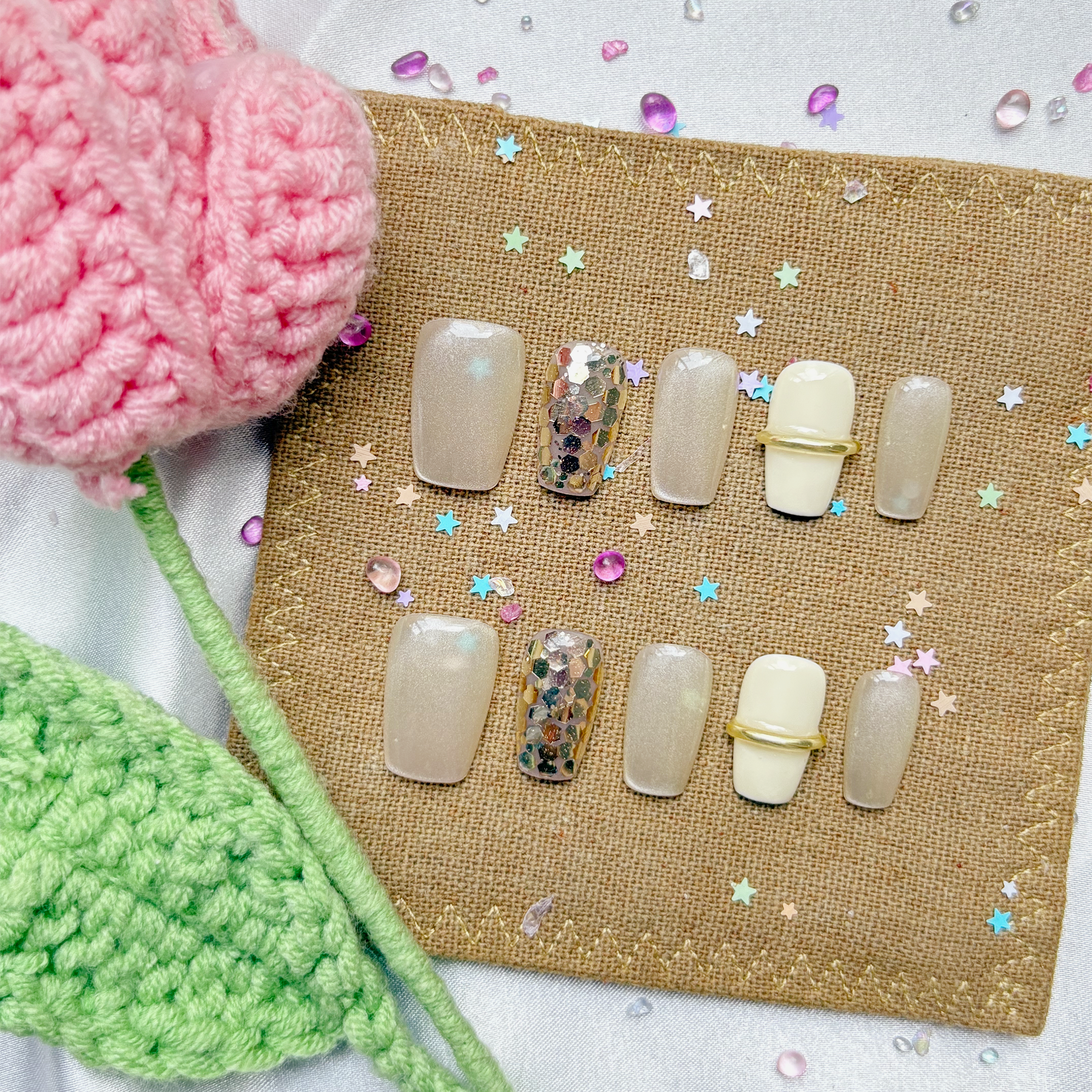Custom Press-On Nails – Nude Gray with Gold Ring Accent & Glitter Hex | Modern Luxury Set by Wynzy Pops Nails