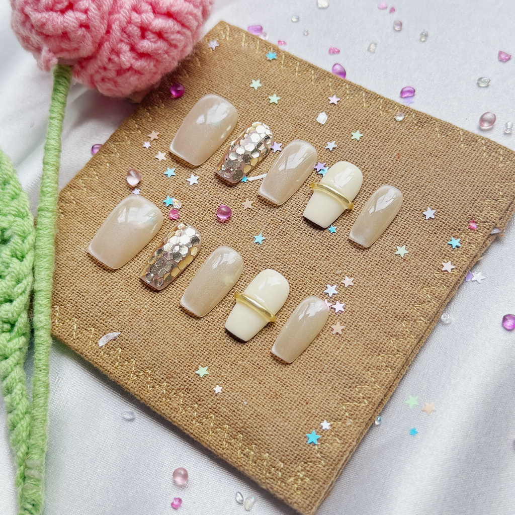 Custom Press-On Nails – Nude Gray with Gold Ring Accent & Glitter Hex | Modern Luxury Set by Wynzy Pops Nails