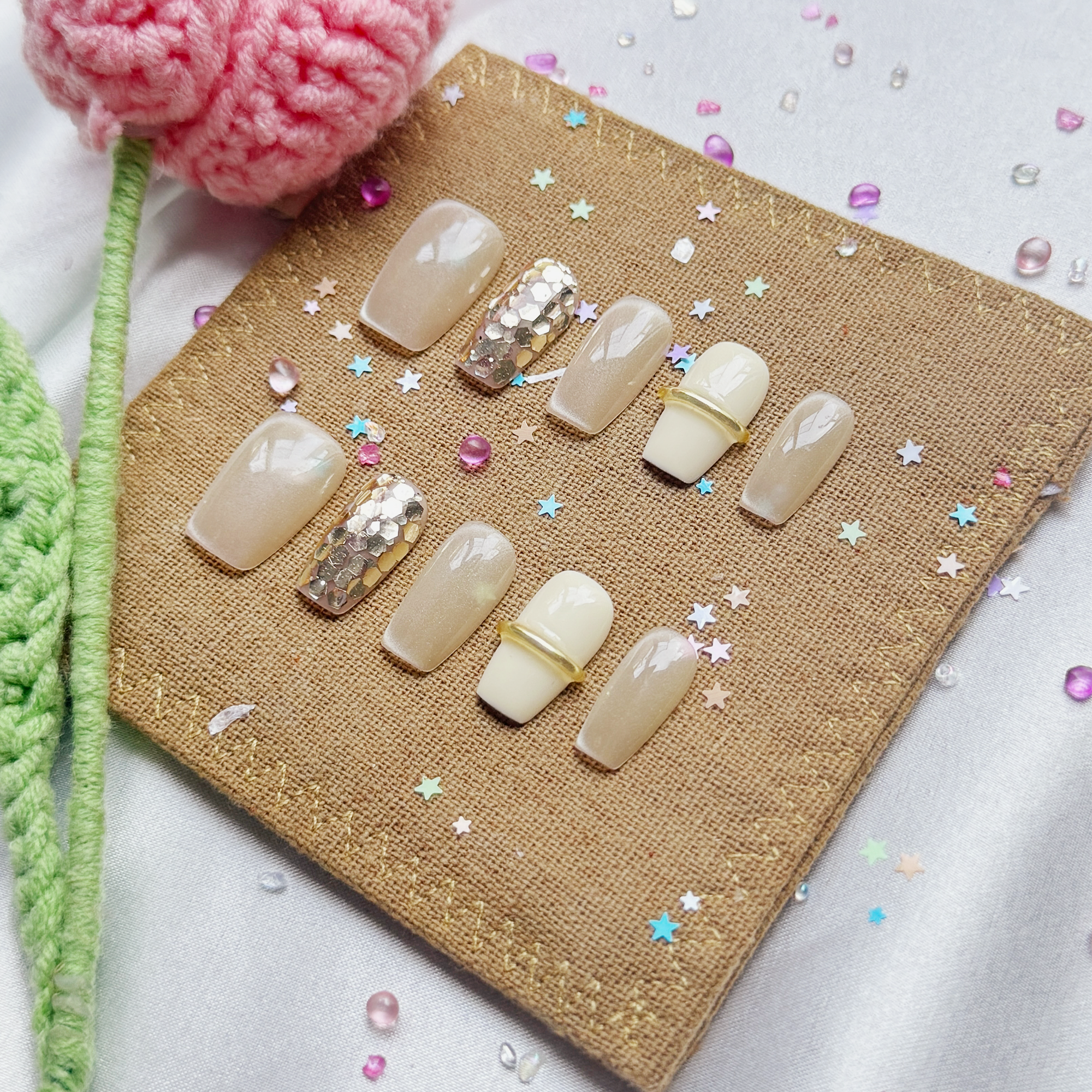 Custom Press-On Nails – Nude Gray with Gold Ring Accent & Glitter Hex | Modern Luxury Set by Wynzy Pops Nails