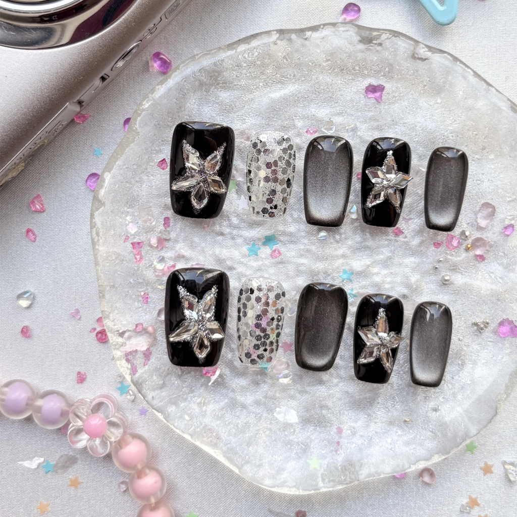 Custom Press-On Nails – Black & Silver Cat Eye with 3D Stars & Glitter | Wynzy Pops Nails