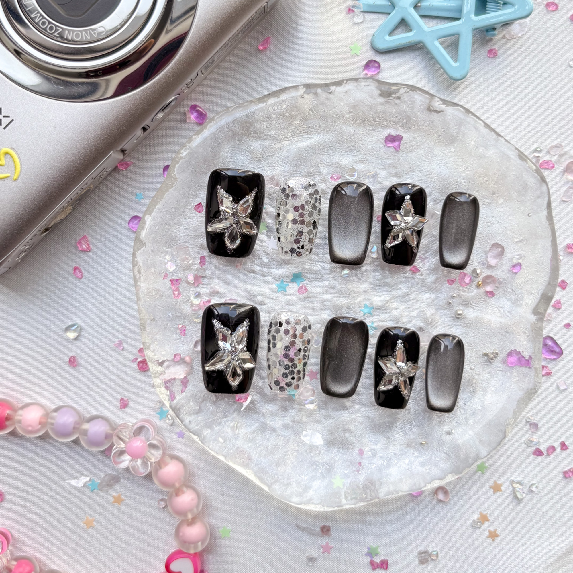 Custom Press-On Nails – Black & Silver Cat Eye with 3D Stars & Glitter | Wynzy Pops Nails