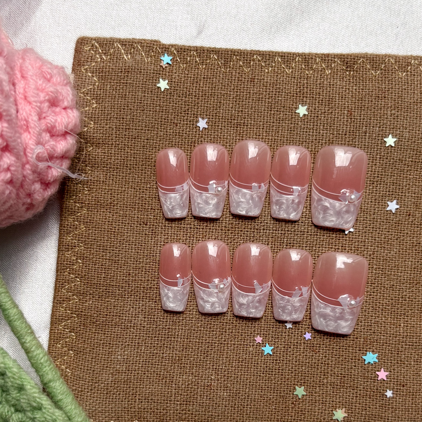 Custom French Tip Press-On Nails | Soft Pink Ombre with Marble White Tips | Delicate Rhinestone Accents | Elegant Personalized Nail Set